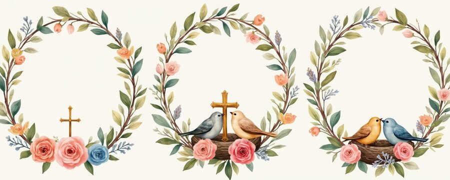 Watercolor template set for baptism invitations. Floral vintage rose frame with holy cross and cute birds. Girl christening celebration. Little princess party invitation design.