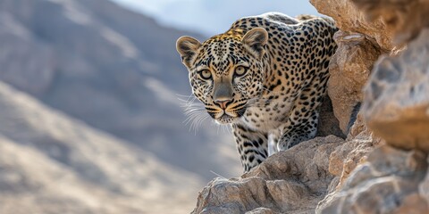 Arabian leopard standing on rocks in saudi arabia desert