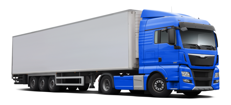 A modern European truck with a light blue cab, and a full white semi-trailer. Front side view isolated on white background.