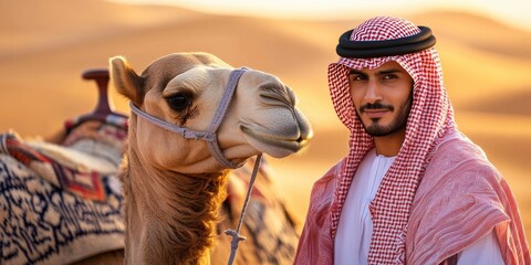 Traditional saudi man with camel in desert