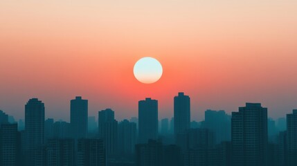 Minimalist Lo-Fi Skyline at Dusk with Silhouetted Buildings and Soft Glowing Sun Setting Behind Them