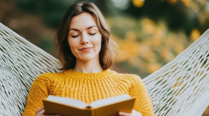 Obraz premium Serene Woman in Yellow Sweater Relaxing in Hammock, Enjoying a Book and Sipping Tea, with Eyes Closed and a Gentle Smile in a Tranquil Natural Setting