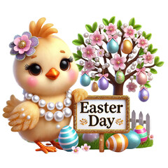 Naklejka premium Cute chick celebrating Easter surrounded by colorful eggs. Easter cartoon character