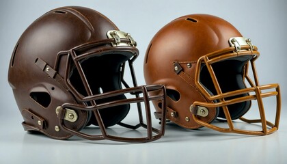 Naklejka premium Brown leather football helmets on light blue backdrop
