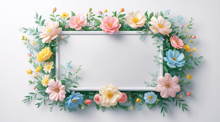 Obraz premium Elegant pastel flowers framing a white tray for delicate and artistic product display photography on a soft backdrop for Copyspace and Text Background