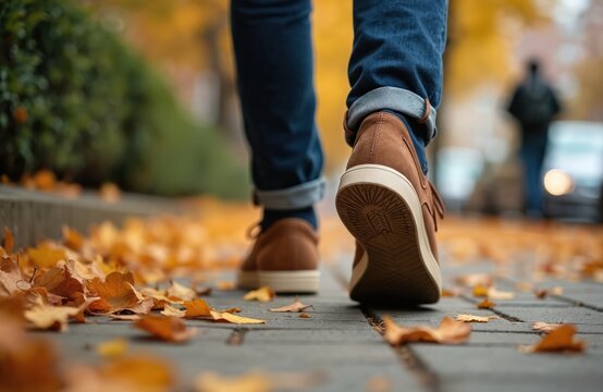 Person in blue jeans, brown casual shoes walks on leaf covered sidewalk in fall. Urban autumn scenery, seasonal stroll, tranquil autumn leaves road, fashion footwear demo.