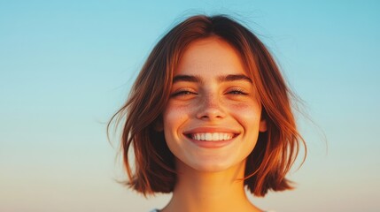 Joyful Woman with Wind-Blown Hair Smiling at the Sky, Embracing Freedom and Happiness in a Serene Outdoor Setting During Sunset