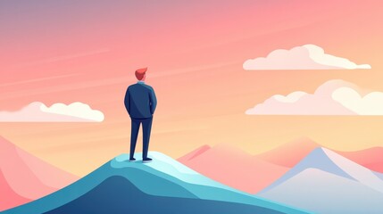 Obraz premium Confident Investor Standing at the Peak of a Rising Financial Trend Line, Looking Forward with Optimism in a Beautiful Illustrated Landscape