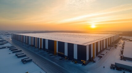 Fototapeta premium Sunset Aerial View of Large Winter Warehouse