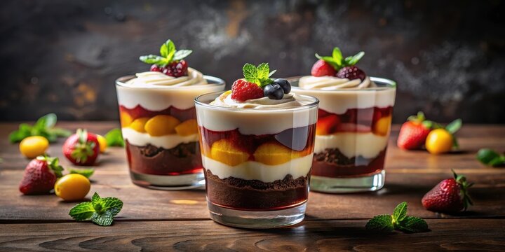Layered Dessert Cups with Berries and Cream in Glassware on Wooden Surface