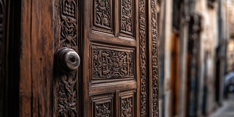 Traditional carved wooden door in historic district of jeddah, saudi arabia