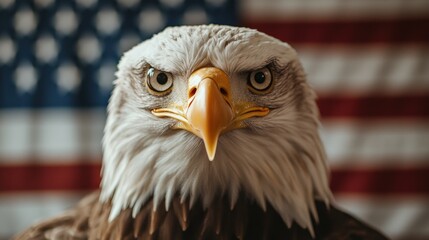 Naklejka premium A Majestic Bald Eagle Stares Fiercely with Glaring Eyes Against the Background of American Flag, Symbolizing Freedom and American Spirit