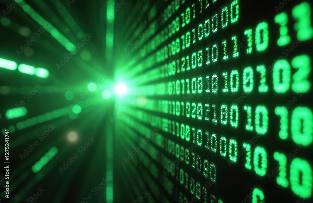 Poster abstract digital green binary code background. futuristic cyberspace backdrop with glowing light fla
