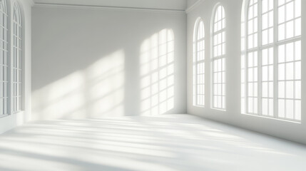 Obraz premium The minimalist, empty interior of the building now has sunlight streaming in from Windows