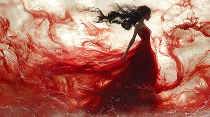 Woman in red gown, flowing fabric, abstract background