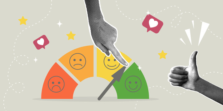 Trendy halftone collage. Customer satisfaction meter.Customer feedback concept, customer evaluation, quality improvement concept. Hand moves arrow to high score, hand pkazat Excellent.