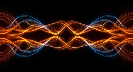 Obraz premium Abstract waves, neon colors, blue and orange light trails, intertwining curves, digital art, dark background, symmetrical design, energy flow visualization, futuristic, dynamic motion, glowing lines, 
