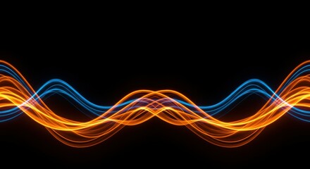 Abstract waves, neon colors, blue and orange light trails, intertwining curves, digital art, dark background, symmetrical design, energy flow visualization, futuristic, dynamic motion, glowing lines, 