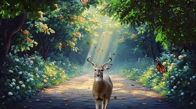 Majestic deer standing on a sunlit path through a vibrant. seamless looping 4k time-lapse virtual video animation background