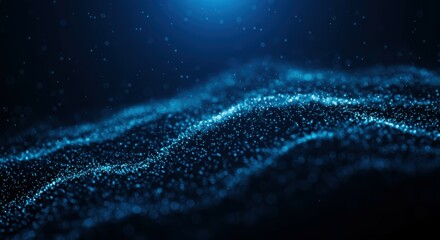 Digital landscape, abstract wave pattern, blue glowing particles, futuristic grid, dark background, technological horizon, data visualization, neon blue light, dynamic network, sci-fi terrain, dots an