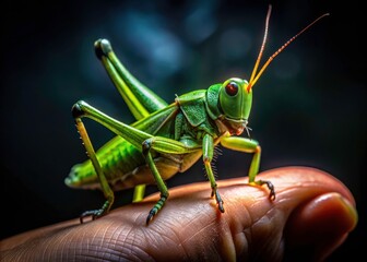 Fototapeta premium Night's embrace reveals a hidden world: a close-up of a green grasshopper, its delicate features illuminated in the darkness.