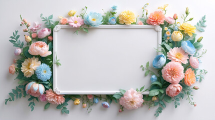 Fresh pastel flowers delicately framing a white tray for creative photography and fresh soft product display for Copyspace and Text Background