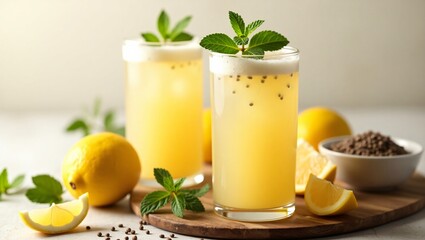 Fototapeta premium A refreshing lemon, honey, and chia seed drink on a rustic wooden table, garnished with mint and honey droplets, evoking natural energy and vitality with a calming, invigorating vibe.