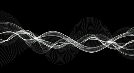 Fototapeta premium Abstract waves, digital art, flowing lines, oscillating patterns, monochrome, black background, white curves, dynamic motion, sound visualization, minimalist design, ethereal, futuristic, energy flow,