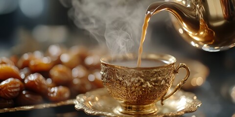 Pouring traditional arabic coffee or saffron tea into golden cup with dates in background