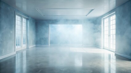 Empty Room with Fog, Sunlight Streaming Through Windows, Polished Floor, Minimalist Design