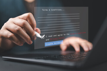 Man tick check mark for accept Terms of use concept. Reading terms and conditions of website or...