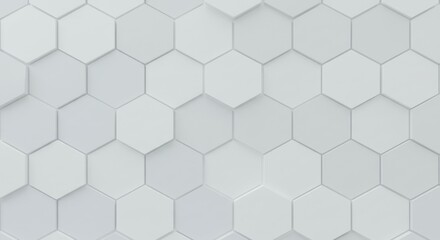 Fototapeta premium Geometric abstract wall texture, hexagonal pattern, white and light gray, 3D effect, soft shadows, minimalist design, architectural detail, clean lines, monochromatic, subtle relief, modern interior, 