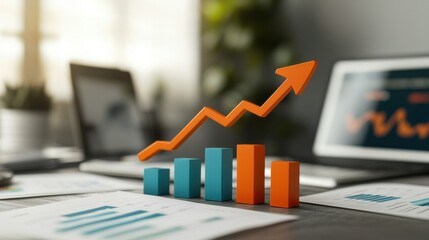 A modern workspace featuring a rising graph, symbolizing growth and success, with laptops and documents in the background.