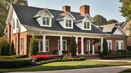 A stately brick colonial house surrounded by lush greenery and neatly trimmed hedges.