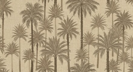 Fototapeta premium Vintage tropical wallpaper pattern, sepia-toned palm trees, repetitive botanical design, retro illustration style, exotic foliage, monochromatic desert oasis, antique botanical print, palm fronds silh