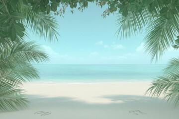Lush palm fronds frame serene beach scene with soft waves and clear skies, Sea and sand Theme.