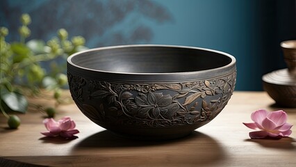 "Metal Singing Bowl and Wooden Mallet: Studio Photography