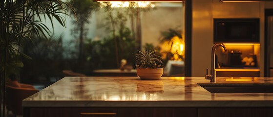 Warm-lit kitchen island with potted plant, marble countertop, and gold faucet.