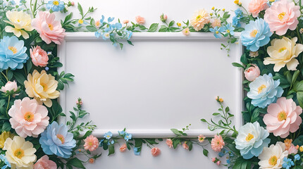 Fresh pastel flowers gently framing a white tray for creating soft elegant product display and photography ideas for Copyspace and Text Background