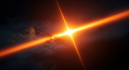 Dramatic sunset, glowing cross of light, dark cloudy sky, golden rays, ethereal atmosphere, heavenly beam, celestial horizon, divine illumination, spiritual landscape, majestic cloudscape, cosmic bril