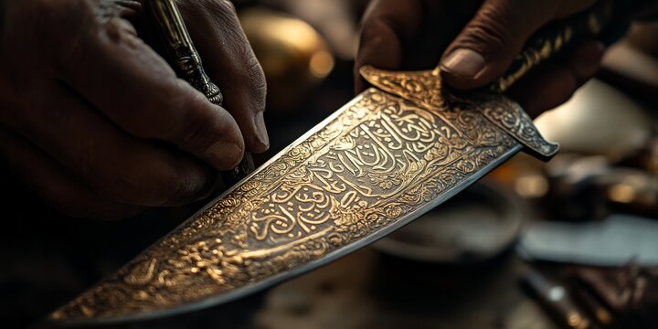 Craftsman engraving arabic calligraphy on traditional janbiya dagger in saudi arabia