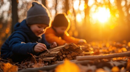 Fototapeta premium Two Children Collecting Sticks in a Warm Autumn Forest During Golden Hour