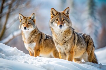 Fototapeta premium Snow-covered wilderness: stunning wildlife photography captures the beauty of winter coyotes (Canis latrans).