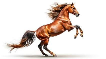 Soaring brown stallion, isolated on white, a dramatic equestrian portrait from a drone's perspective.