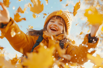 Girl joyfully throws autumn leaves in park