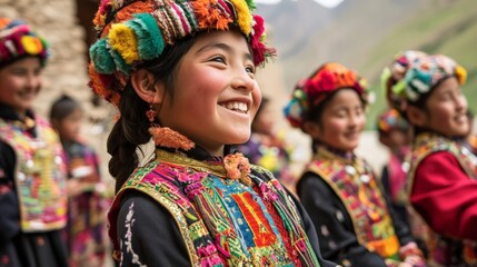 Fototapeta premium Joyful Young Girl in Traditional Colorful Peruvian Clothing Smiling