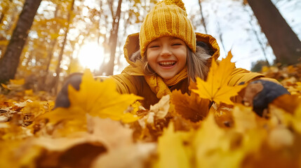 Girl playing in autumn leaves, forest background, joyful mood, stock photo