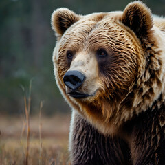 Majestic Grizzly Bear: Captivating portrait of a powerful grizzly bear, its gaze intense against a blurred backdrop.