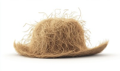 Unconventional straw hat with wild, unkempt texture against a plain background, showcasing creativity