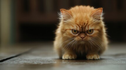 Obraz premium Angry ginger kitten indoors, glaring, wooden floor, blurred background, pet portrait
